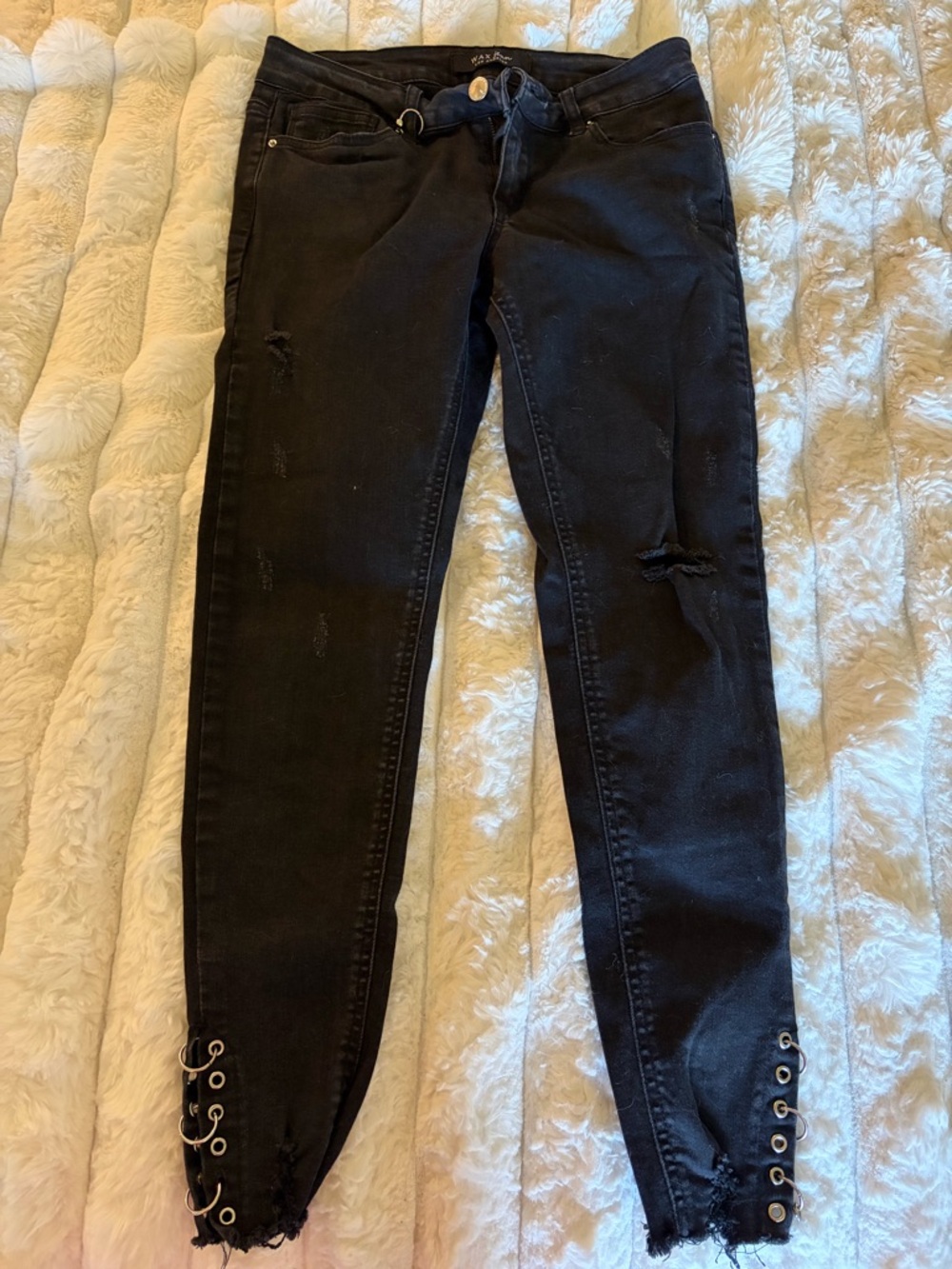 Wax Jean Women's Skinny Jeans in Black with Lace-Up Hem